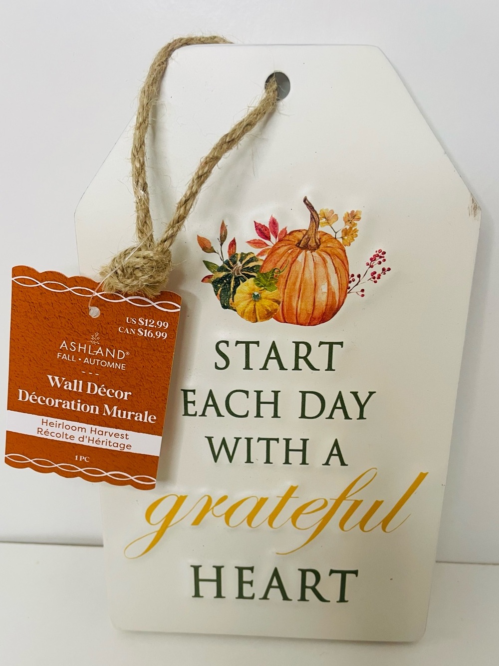 White Metal Tag with Orange Pumpkin, Fall wall decor, Thanksgiving Pumpkin Decor
